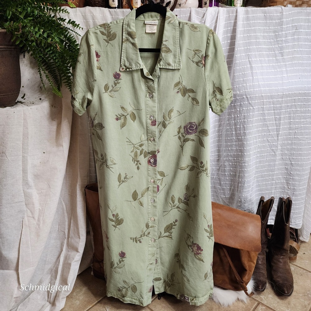 Vintage Amanda Gray Sage Green Floral Tencel Button Front Midi Shirt Dress S